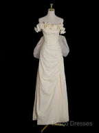 Light Yellow A-Line Satin Off-Shoulder Tulle Long Formal Prom Dress Graduation Formal Prom Dress Wedding Dress