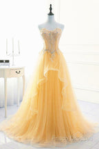 Light Yellow Beaded Tulle Long Party Dress Formal Prom Dress, Yellow Formal Dress