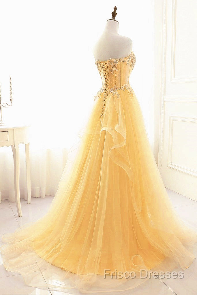 Light Yellow Beaded Tulle Long Party Dress Formal Prom Dress, Yellow Formal Dress