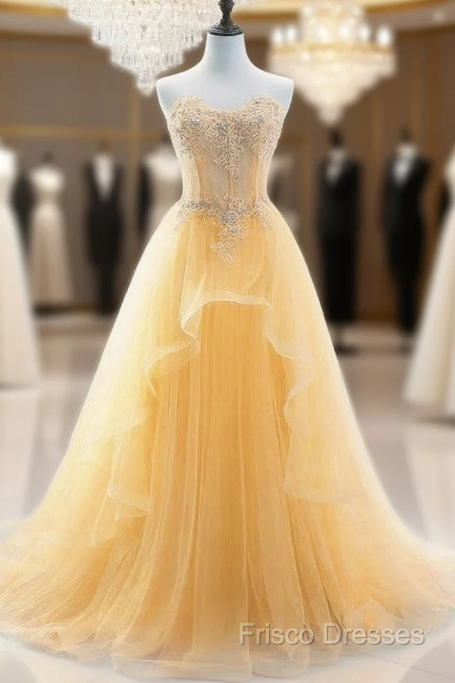 Light Yellow Beaded Tulle Long Party Dress Formal Prom Dress, Yellow Formal Dress Main image
