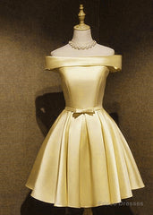 Light Yellow Satin Off Shoulder Knee Length Party Dress Prom Dress, Short Homecoming Dress