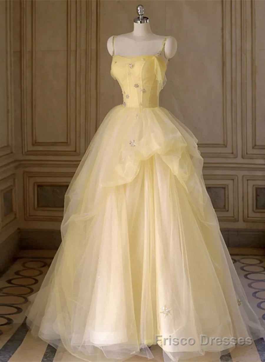 Light Yellow Tulle Long Party Dress Yellow Tulle Prom Dress prom dresses shops Main image