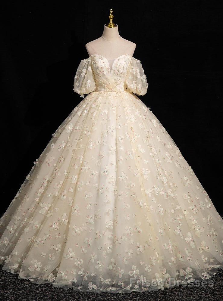 Light Yellow Tulle Puff Sleeve 3D Flower Quinceanera Dress