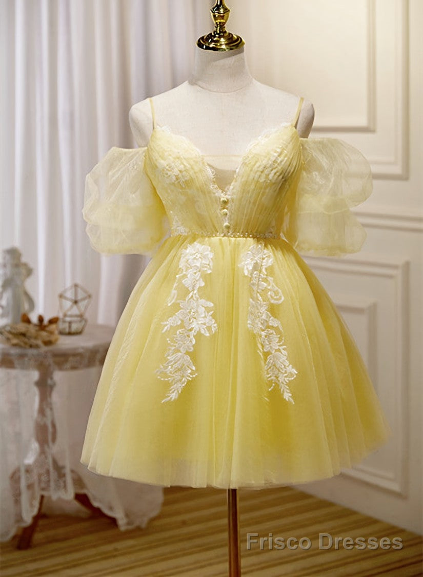Light Yellow Tulle with Lace Puffy Sleeves Party Dress, Yellow Homecoming Dresses Main image