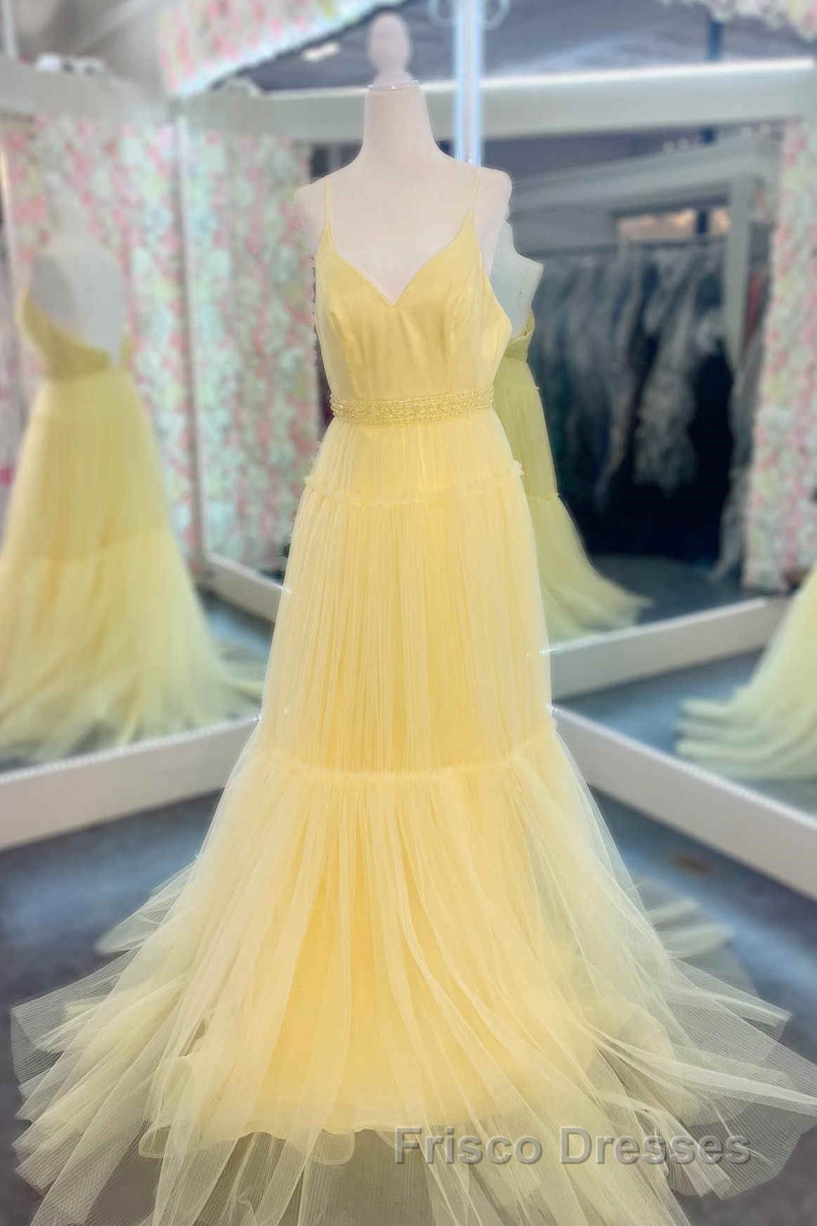 Light Yellow V-Neck Tulle A-Line Long Formal Prom Dress Secondary image