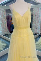 Light Yellow V-Neck Tulle A-Line Long Formal Prom Dress