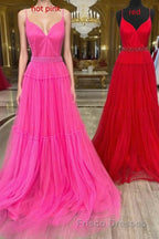 Light Yellow V-Neck Tulle A-Line Long Formal Prom Dress