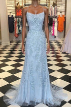 Chic Trumpet Spaghetti Straps With Lace Appliques Light Blue Formal Prom Dress