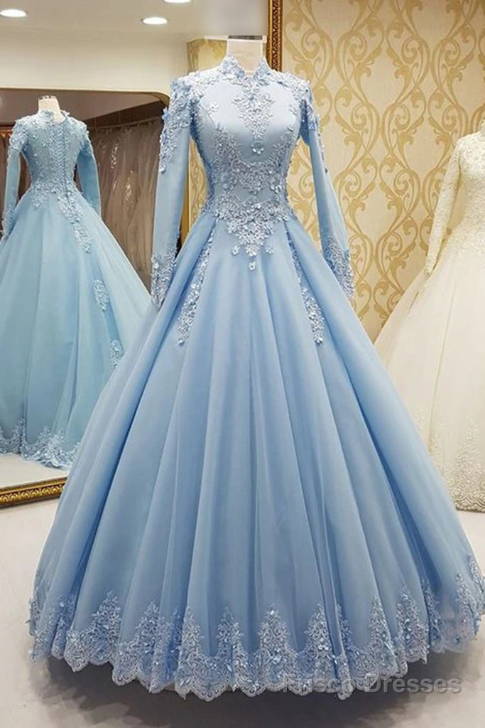 Gorgeous High Neck Long Sleeves Puffy Prom Dress, Light Blue Long Evening Dress Main image