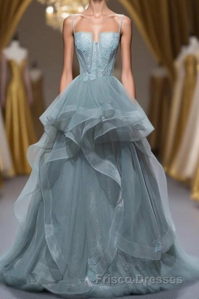 Gray Spaghetti Straps Tulle Princess Formal Prom Evening Party Dress Long Formal Prom Dress Main image