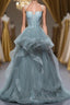 Gray Spaghetti Straps Tulle Princess Formal Prom Evening Party Dress Long Formal Prom Dress