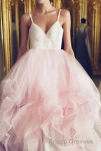 Light Pink Spaghetti Straps Tulle Long Formal Prom Dress, Puffy Party Dress