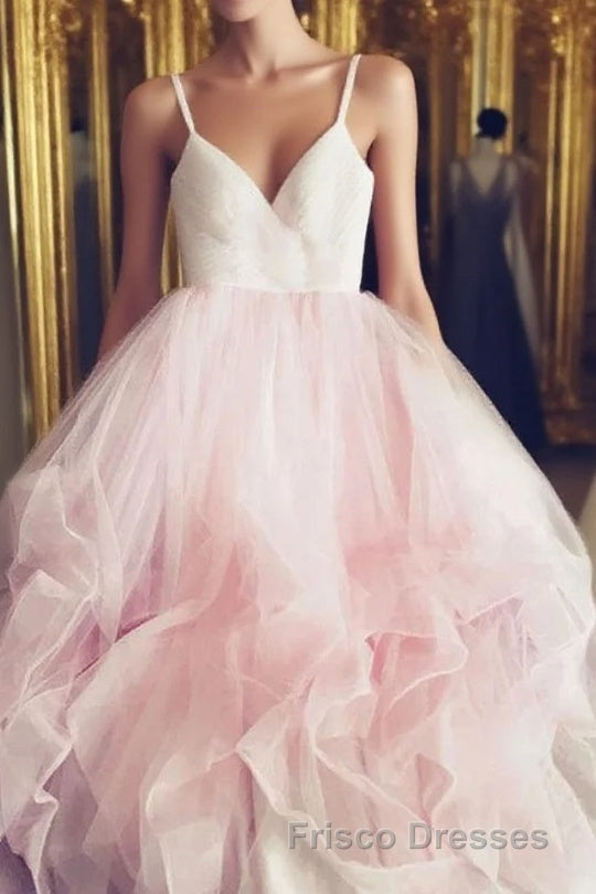 Light Pink Spaghetti Straps Tulle Long Formal Prom Dress, Puffy Party Dress