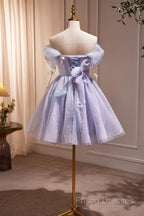 Lightpurple Tulle Off Shoulder Short Formal Prom Dress, Cute A-Line Off Shoulder Homecoming Dress