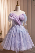 Lightpurple Tulle Off Shoulder Short Formal Prom Dress, Cute A-Line Off Shoulder Homecoming Dress
