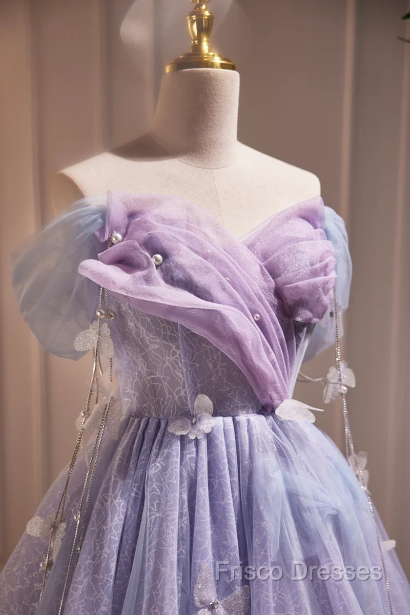 Lightpurple Tulle Off Shoulder Short Formal Prom Dress, Cute A-Line Off Shoulder Homecoming Dress