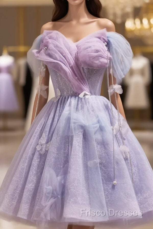 Lightpurple Tulle Off Shoulder Short Formal Prom Dress, Cute A-Line Off Shoulder Homecoming Dress Main image