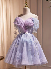 Lightpurple Tulle Off Shoulder Short Prom Dress, Cute A-Line Off Shoulder Homecoming Dress