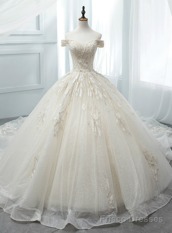 Ligth Champagne Tulle Sequins Off The Shoulder Appliques Wedding Dress Main image