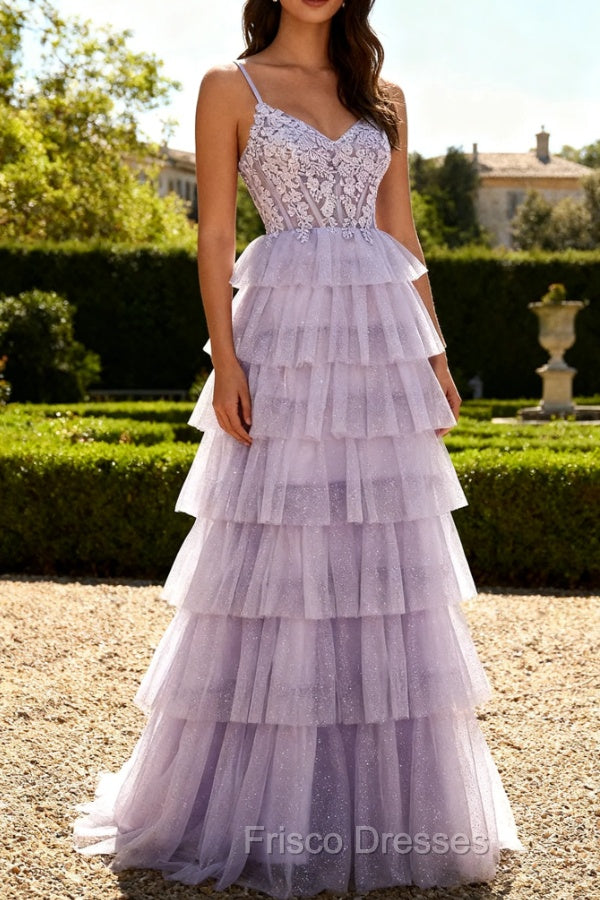 Lilac A Line Beaded Corset Tiered Long Prom Dress with Slit