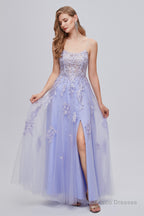 Lilac Appliques Lace-Up A-Line Long Prom Dresses with Slit