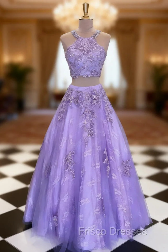 Lilac Ball Gown Scoop Neck Sleeveless Long/Floor-Length Tulle Formal Prom Dress With Appliqued Beading Main image
