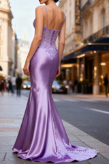 Lilac Floral Classy Mermaid Corset Long Formal Prom Dress