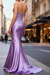 Lilac Floral Unique Mermaid Corset Long Formal Prom Dress with Slit