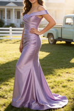 Lilac Mermaid Off the Shoulder Ruched Long Prom Dress