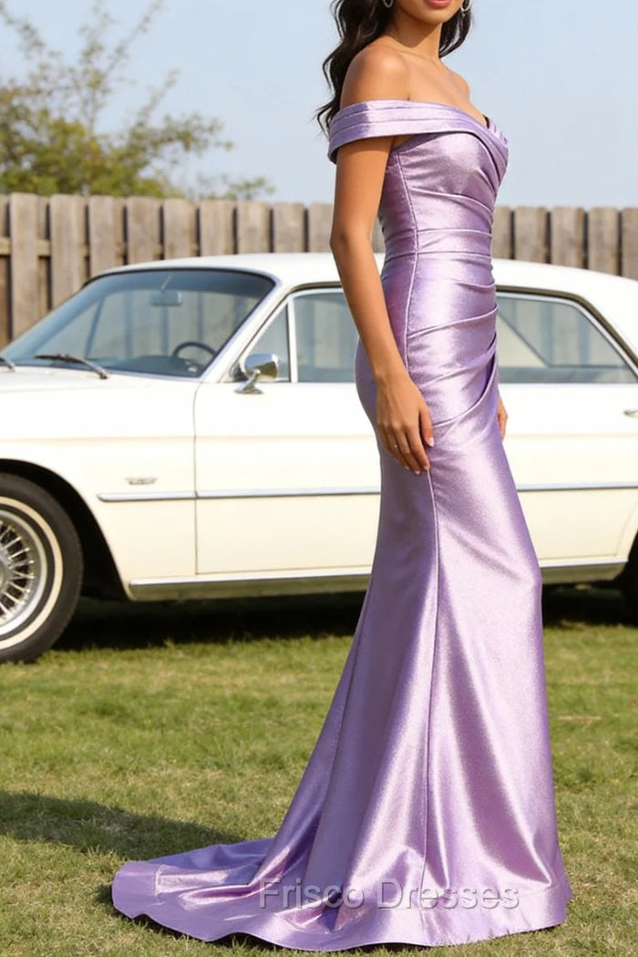 Lilac Mermaid Off the Shoulder Ruched Long Prom Dress