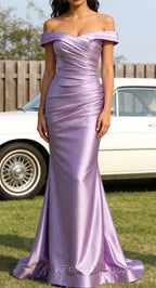 Lilac Mermaid Off the Shoulder Ruched Long Prom Dress