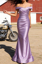Lilac Mermaid Off the Shoulder Ruched Long Prom Dress