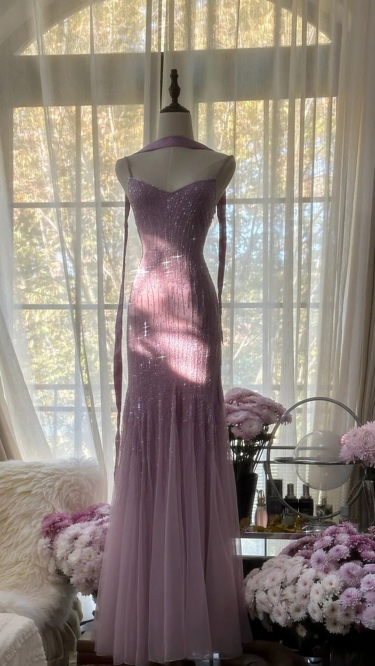 Lilac Mermaid Spaghetti Strap Beaded Chiffon Long Prom Dress Graduation Prom Dress Secondary image