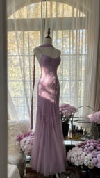 Lilac Mermaid Spaghetti Strap Beaded Chiffon Long Prom Dress Graduation Prom Dress