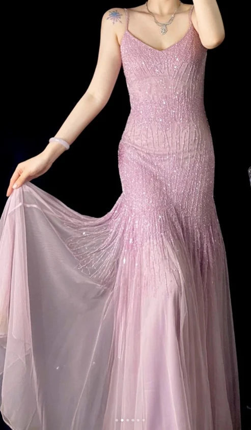 Lilac Mermaid Spaghetti Strap Beaded Chiffon Long Prom Dress Graduation Prom Dress