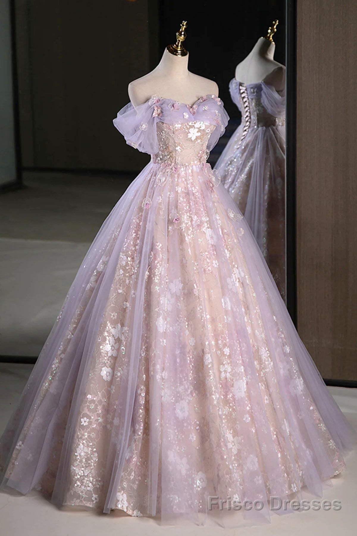 Lilac Off The Shoulder Tulle A Line Prom Dress With Appliques