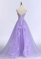 Lilac Formal Prom Dress, A-line/Princess Sweetheart Sleeveless Sweep Train Tulle Formal Prom Dress With Beading Appliqued