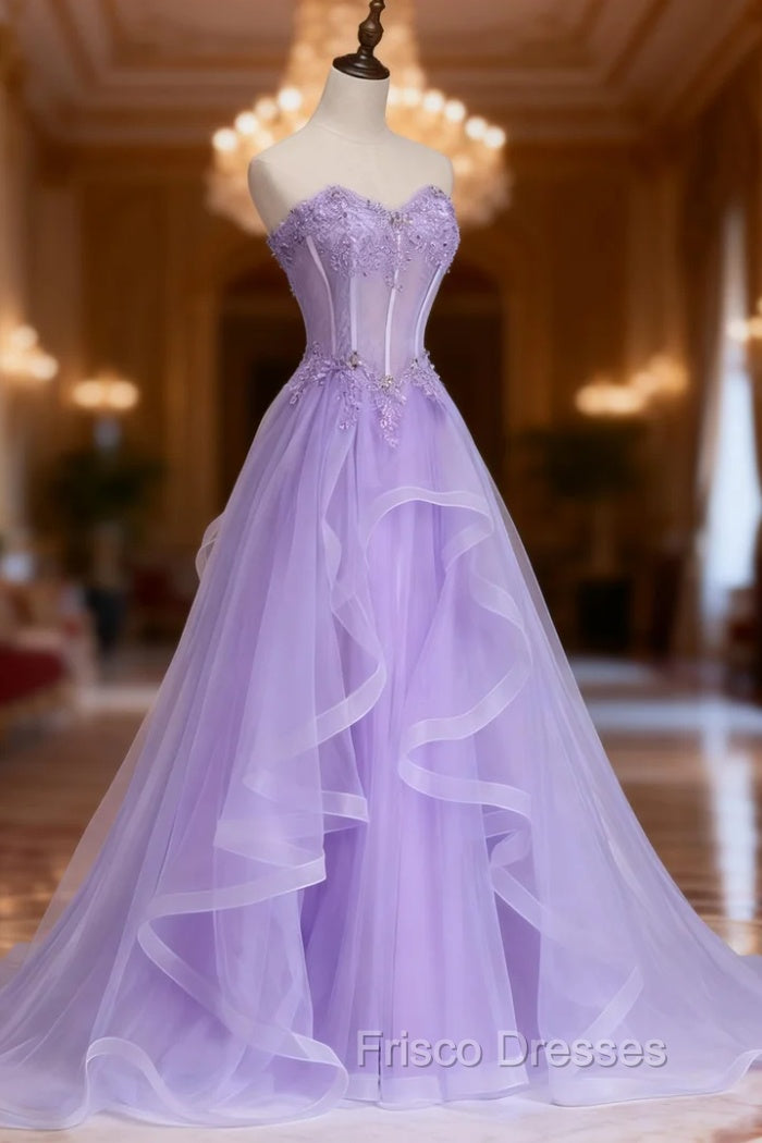 Lilac Formal Prom Dress, A-line/Princess Sweetheart Sleeveless Sweep Train Tulle Formal Prom Dress With Beading Appliqued Main image