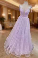 Lilac Formal Prom Dress, A-line V Neck Spaghetti Straps Long/Floor-Length Lace Tulle Formal Prom Dress