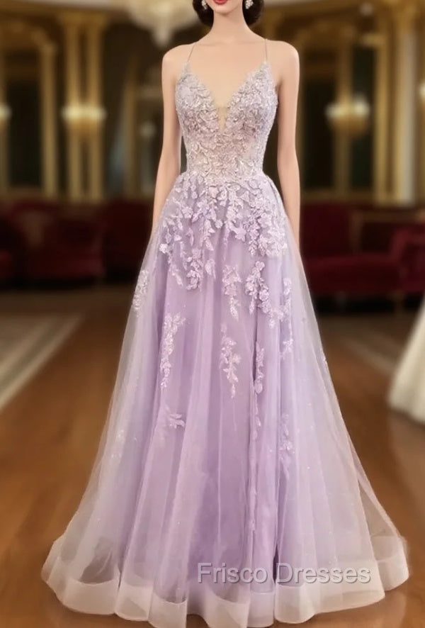 Lilac Formal Prom Dress, A-line V Neck Spaghetti Straps Long/Floor-Length Tulle Formal Prom Dress With Appliqued Sequins