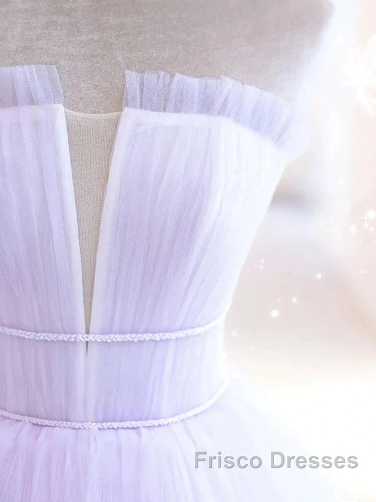 Lilac Purple Strapless Tulle Sheer A Line Formal Prom Dress