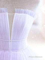 Lilac Purple Strapless Tulle Sheer A Line Prom Dress