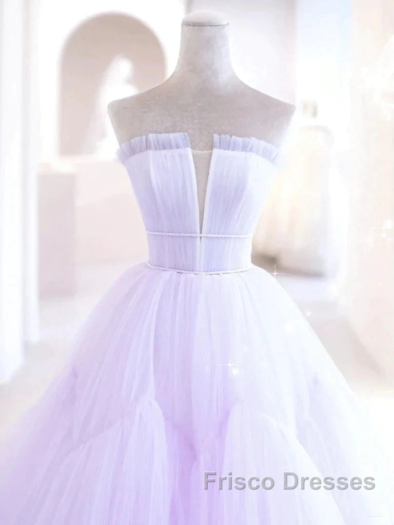Lilac Purple Strapless Tulle Sheer A Line Formal Prom Dress