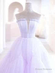 Lilac Purple Strapless Tulle Sheer A Line Prom Dress