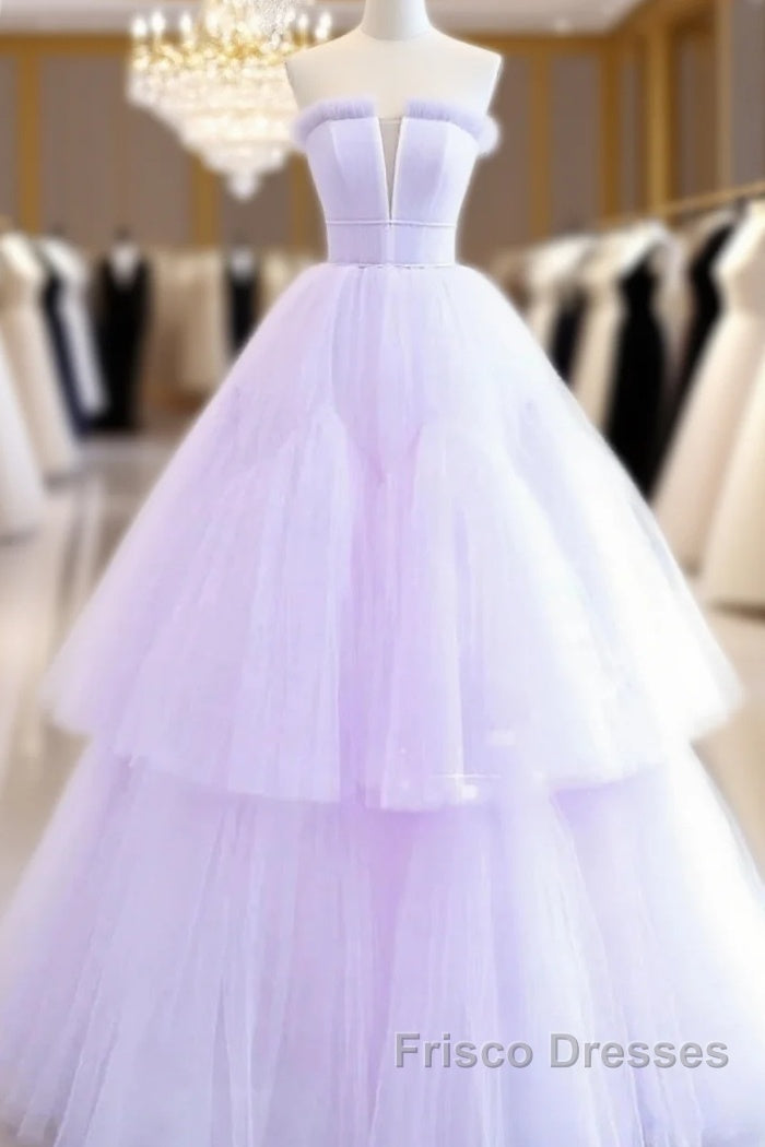 Lilac Purple Strapless Tulle Sheer A Line Formal Prom Dress