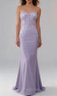 Lilac Sheath Strapless Corset Prom Dresses With Lace Appliques