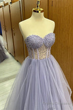 Lilac Strapless Beaded Ruffle-Layers Tulle Long Prom Dress