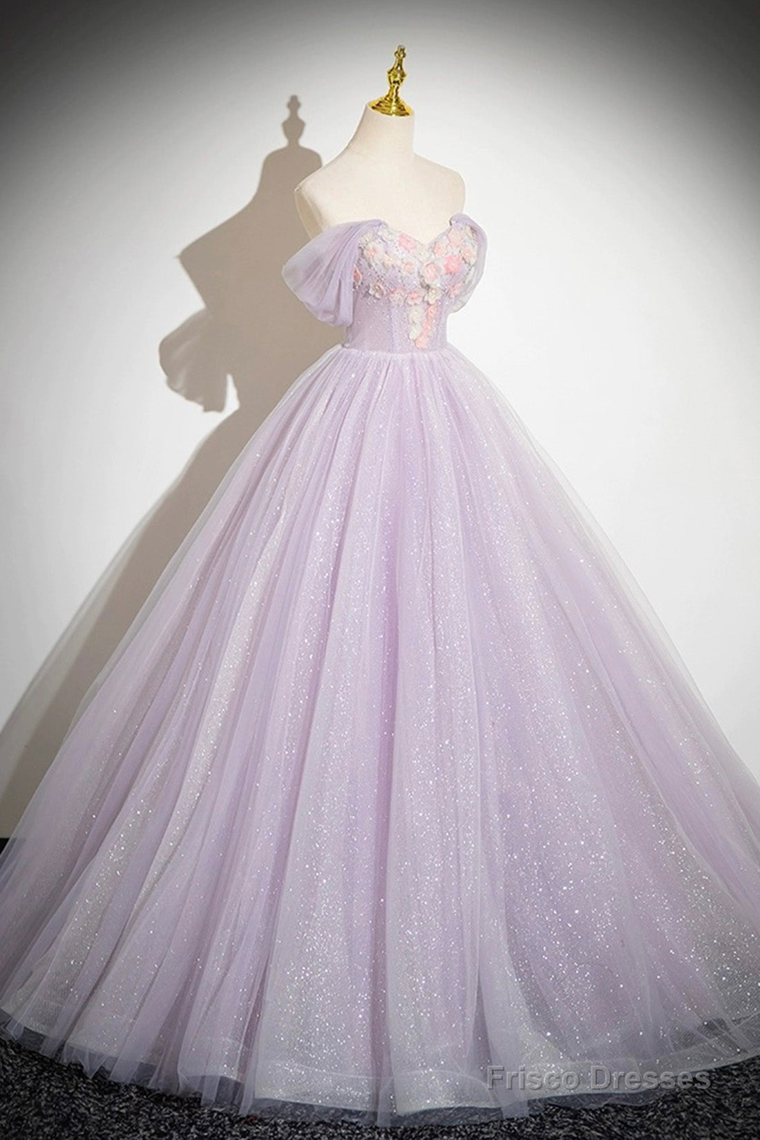 Lilac Strapless Tulle Long Prom Dresses With Flowers, Lilac Off The Shoulder Formal Evening Dresses