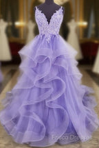 Lilac Tull Lace Applique Ball Gown Straps Long Formal Prom Dress Elegant Formal Dress