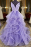 Lilac Tull Lace Applique Ball Gown Straps Long Formal Prom Dress Elegant Formal Dress